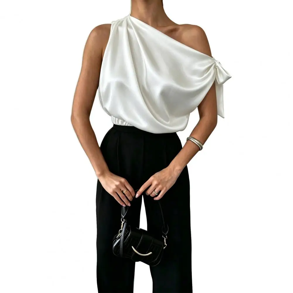 

Women Shirt Slanted Shoulder Asymmetrical Off-Shoulder Bow Blouse Casual Commuting Style Loose Fit Satin Tops Daily Wear Blouse