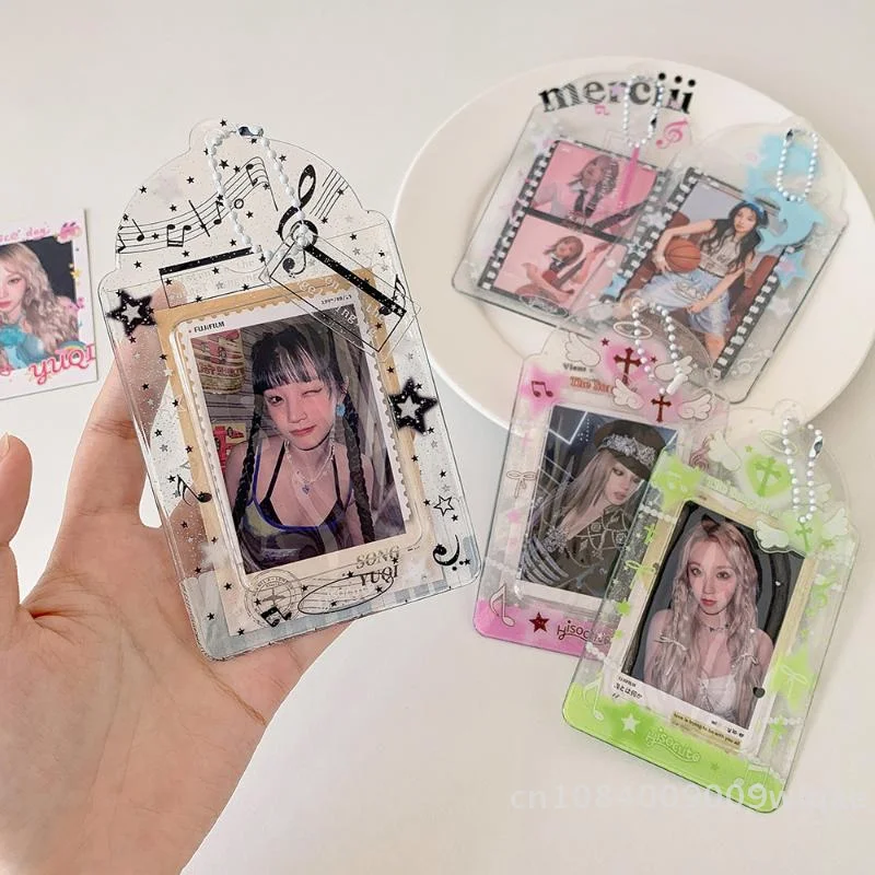 ซองใส่บัตรใสแบบมีกลิตเตอร์ 1 ชิ้น - สายคล้องคอแฟชั่นสำหรับใส่การ์ดรูป K-pop และบัตรโดยสาร〔YY33〕