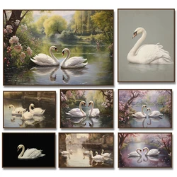 Countryside Lake Loving Swans Poster Print Canvas Painting Antique Minimalist Vintage Wall Art Pictures Living Room Home Decor