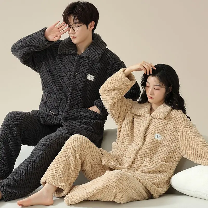 Coral Velvet Couple Pajama Women's Winter Flannel with Velvet Thickened Men's Pajama Flannel Can Be Worn Outside The Home