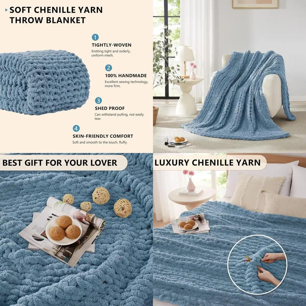 بطانية كبيرة مصنوعة يدويًا بكابل سميك من الشنيل مقاس 72 × 84 - بطانية حبل كروشيه كبيرة للسرير والأريكة وديكور المنزل في Airy Bl