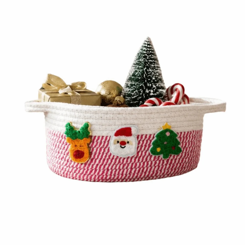 Cotton Rope Christmas Woven Storage Basket Xmas Theme Cute Hand Woven Storage Basket Sturdy Large Capacity