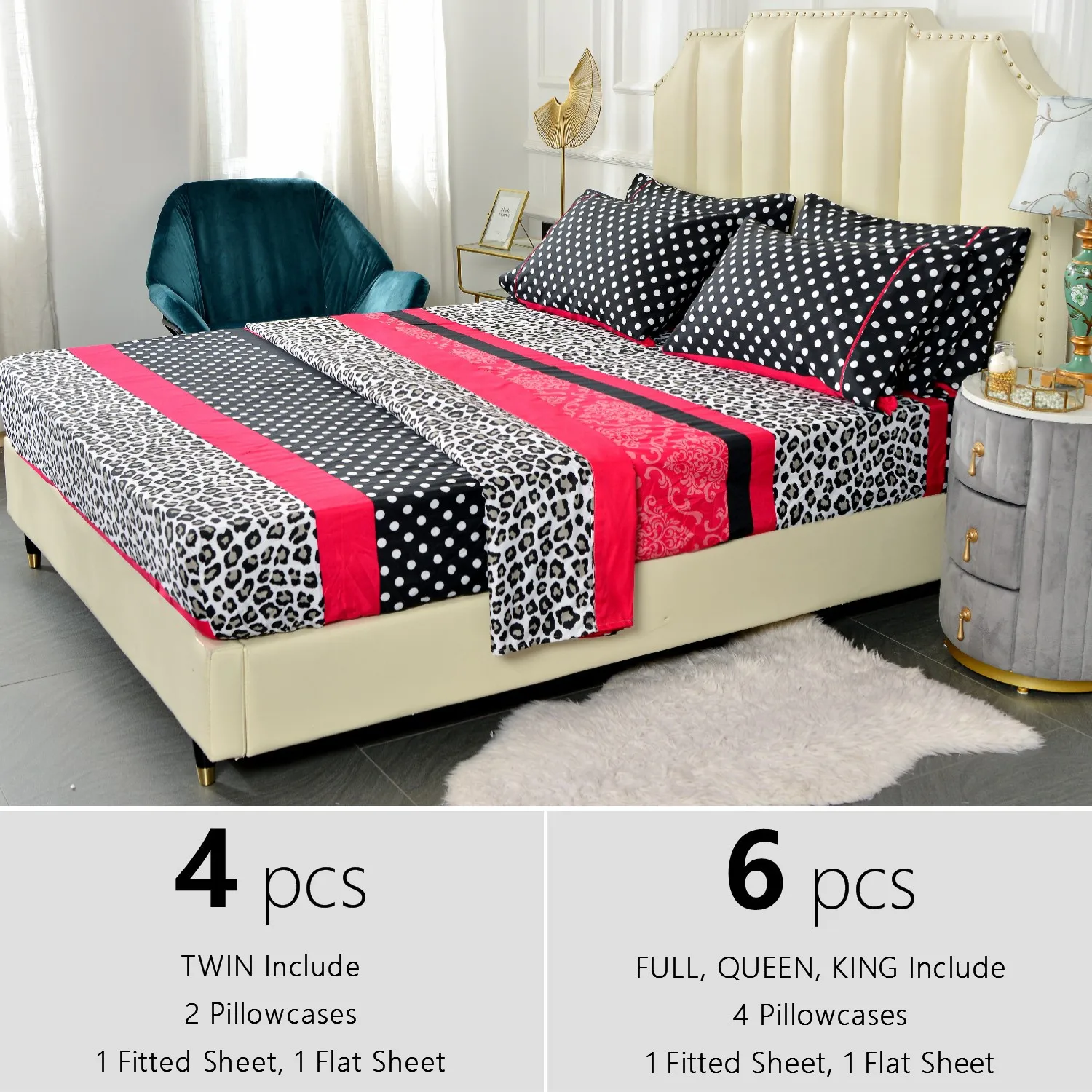 

4/6pcs Printed Microfiber Bed Sheet Set – Easy Care, Lightweight, Breathable, and Soft - 14 inches Deep Pocket - Patchwork Patte