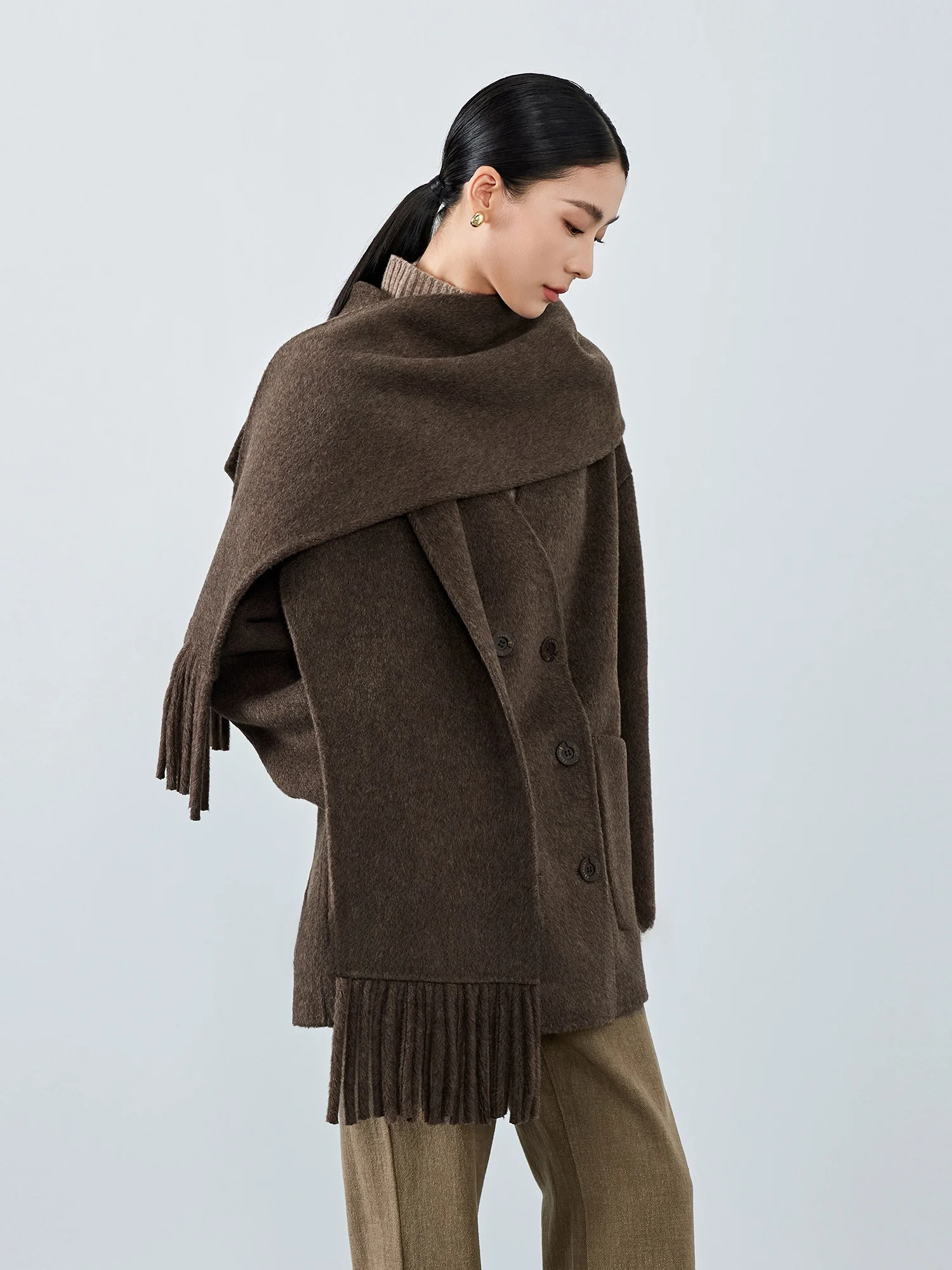 

Chivirin Handmade JE Fine Spun Woolen Coat Women's Scarf Included Vintage Straight Cut Long Sve V-Ne Mid-Length Coat