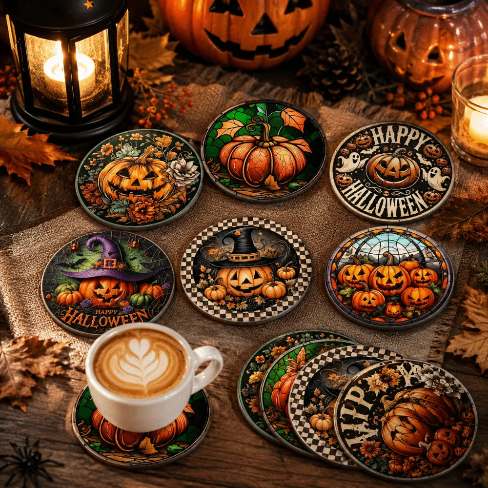 6pcs Wooden Halloween Coasters Pumpkin Anti-Slip Heat Insulation Pad Ghost Home Decoration Halloween Cup Mats Halloween Party