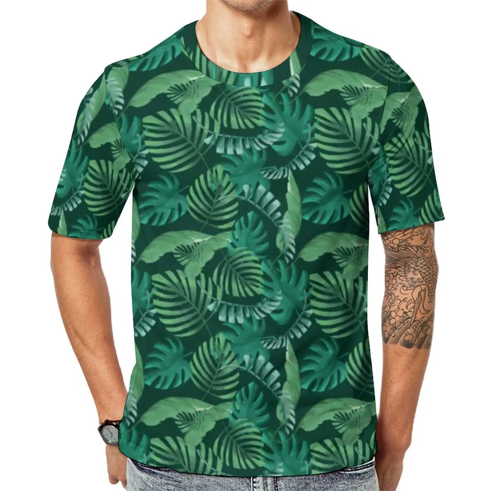 Mens Green Palm Leaves T-Shirt Tropical Leaf Print Vintage T-Shirts Short Sleeve Graphic Tops Hot Sale Summer Oversized Top Tees