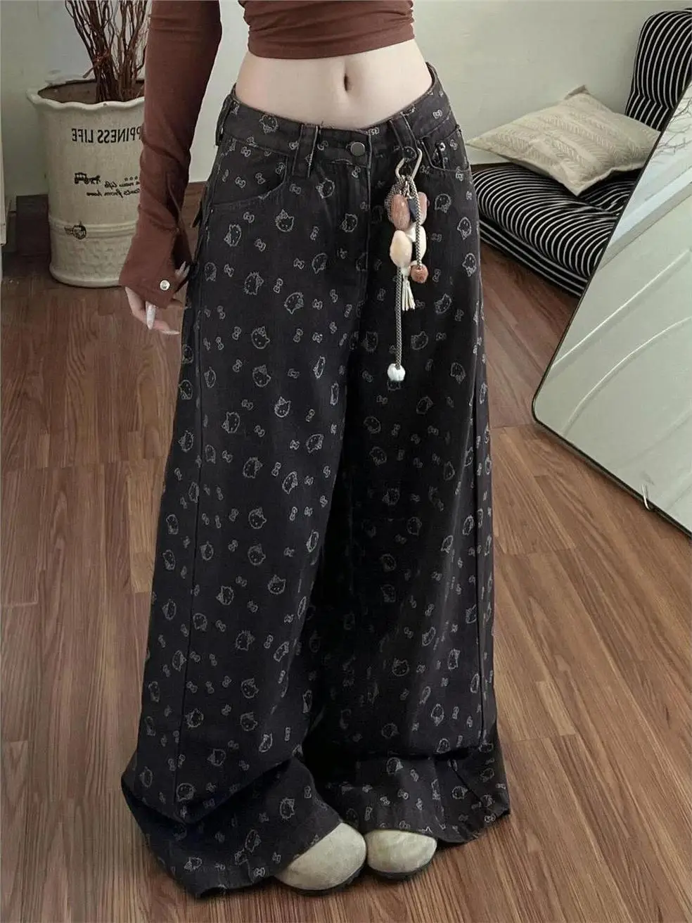 

Ретро-джинсы в американском стиле с вышивкой, широкие, женские, осенне-зимние, свободные, прямые, в пол