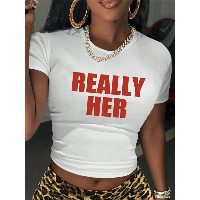 Camiseta corta con estampado de letras a la moda, camiseta sexy de manga corta con cuello redondo para mujer, camiseta versátil para uso diario