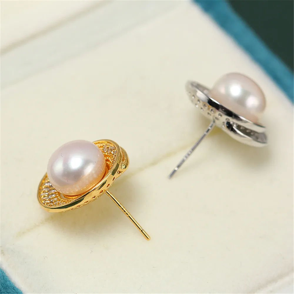 Domestic 14k Gold Injection Spiral Circular Inlaid Zircon Pearl Ears S925 Silver Needle Earrings DIY Accessories Are Exquisite