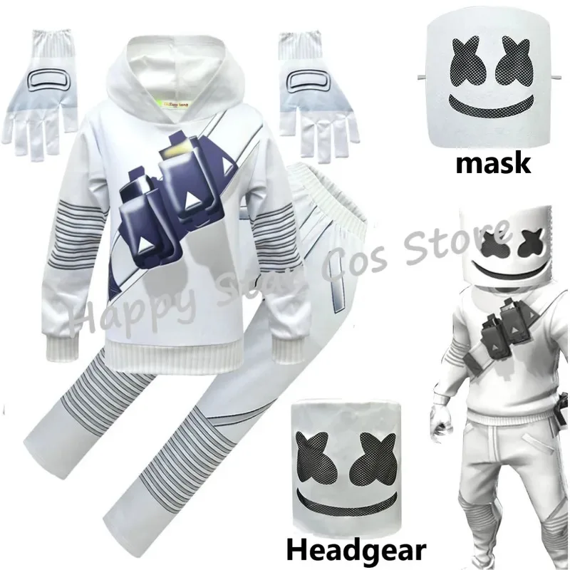 2025 nuevo Halloween niños sonido electrónico cantante DJ Marshmello Fortnites disfraz niñas niños Sudadera con capucha pantalones conjunto Halloween Navidad