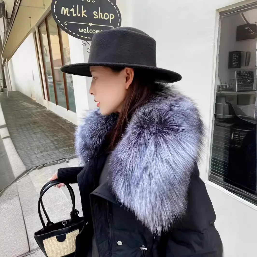 2024 Autumn and Winter Long Fashionable Warm Silver Fox Fur Collar Spliced 90% Goose Down Down Jacket Women's Waisted Jacket