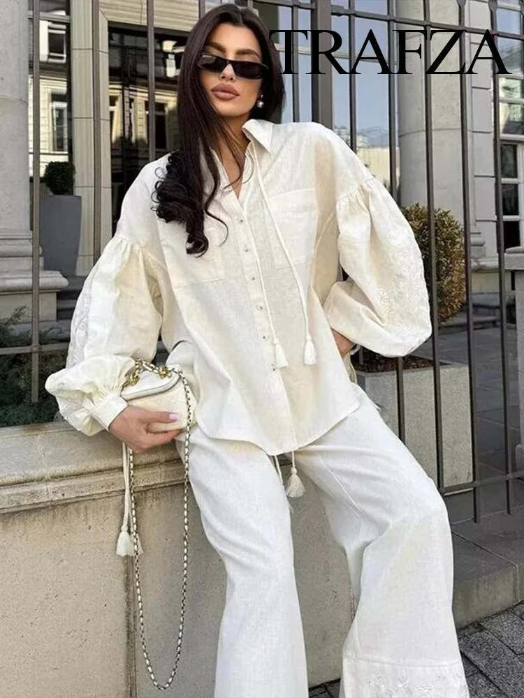 

TRAFZA Women Fashion Pants Suit Lace Pocket Single-Breasted Decoration Long-Sleeved Lapel Shirt+High Waist Draw Rope Solid Pants