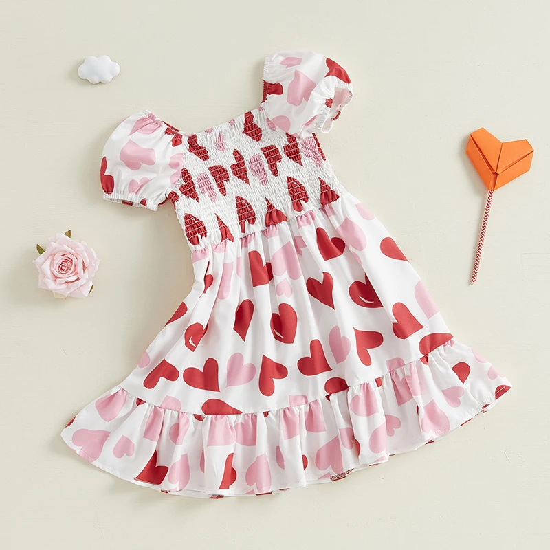 Toddler Girls Valentine s Day Dress Heart Print Square Neck Short Sleeve Ruffled A-Line Spring Dresses