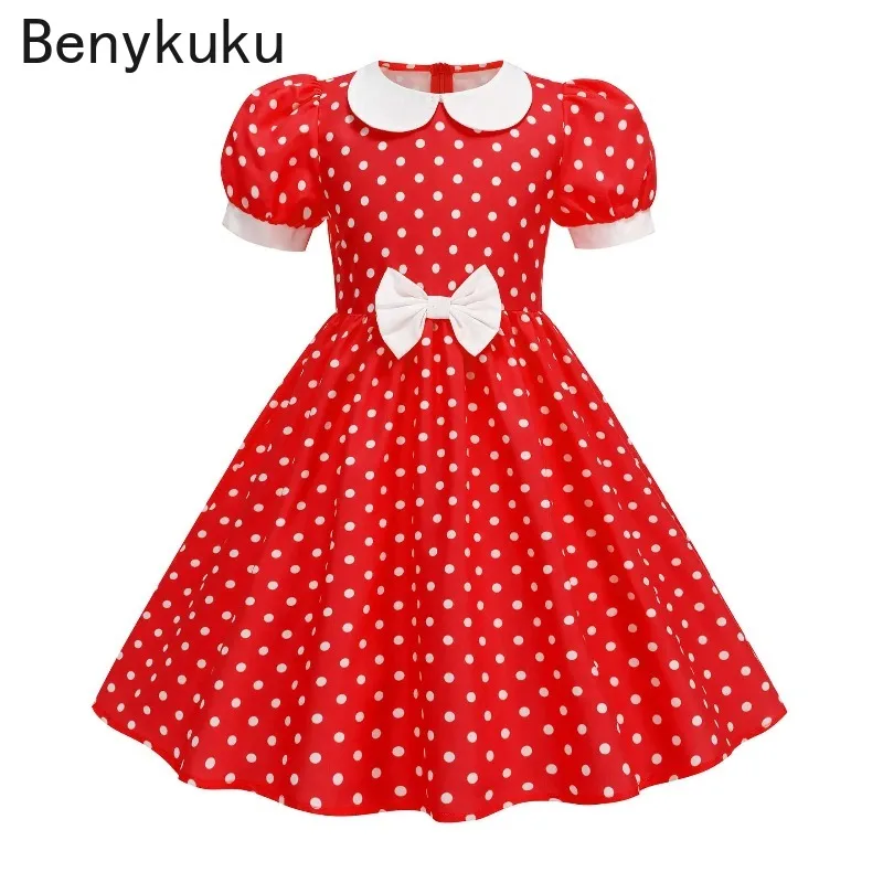 Estilo princesa peter pan colarinho crianças vestidos bonito puff manga arco frente crianças vintage bolinhas impressão meninas vestido plissado