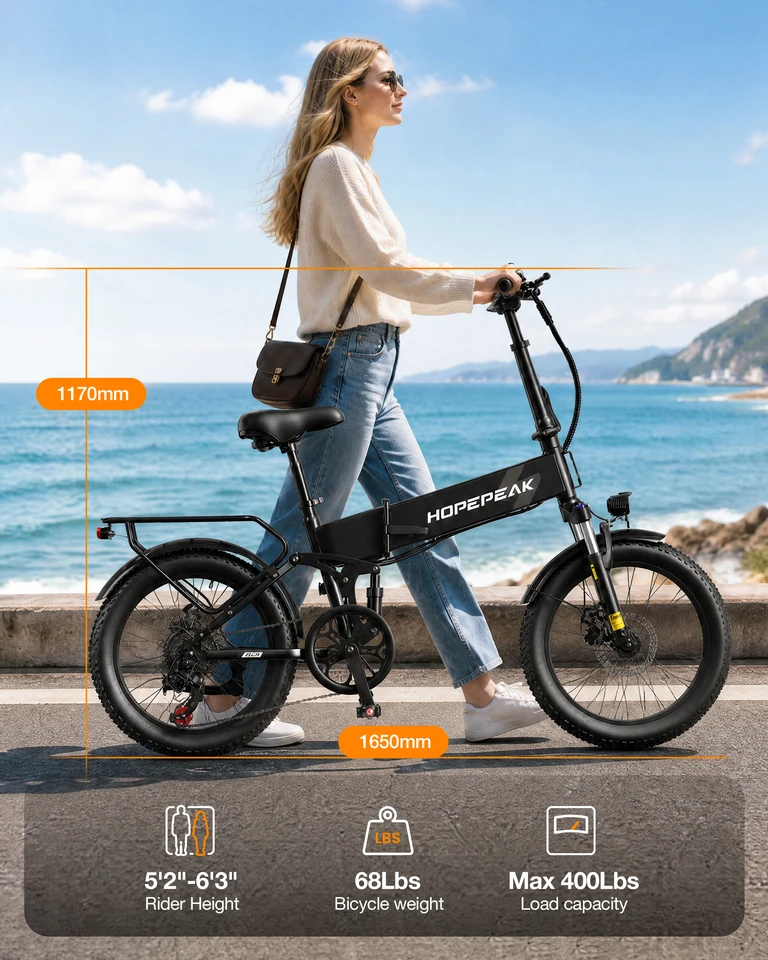 Hopepeak Z20 Folding Electric Bike for Adults, 1200W Peak Motor 48V 12Ah Battery, 20"×3" Fat Tire Commuter Ebike, 28MPH 65Mi,  7 Speed Foldable Electric Bicycle with Full Suspension image 12
