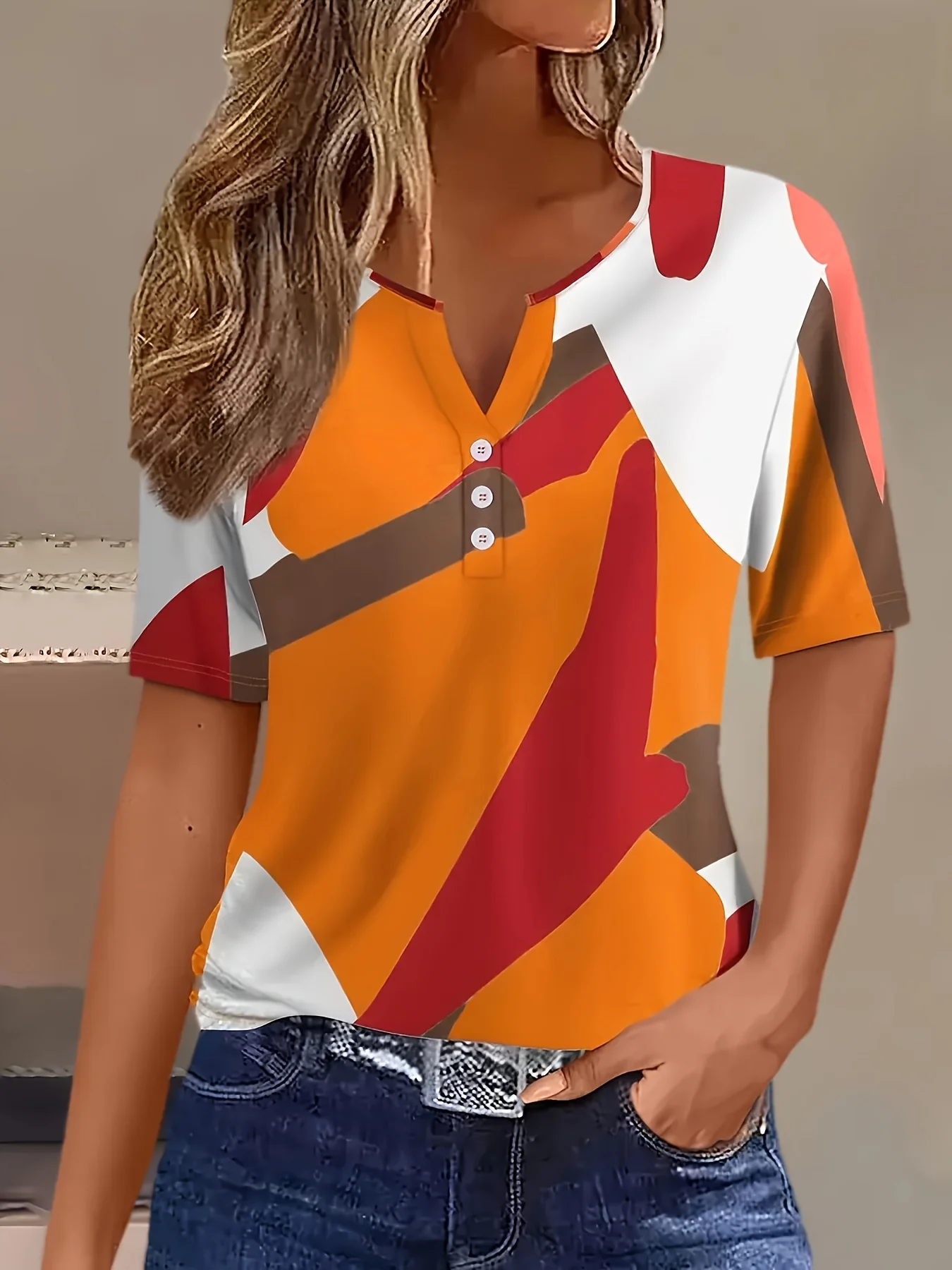 Plus Size 1XL-5XL Women's Spring and Summer Clothing Casual Color Blocked Short Sleeved T-shirt with Button Design on The Collar