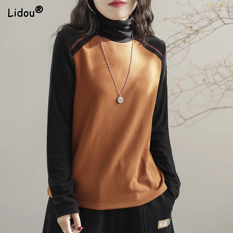 Patchwork Bottoming Round Neck Loose Women's Clothing Solid Color T-Shirts Comfortable Office Lady Fashion Casual Spring Autumn