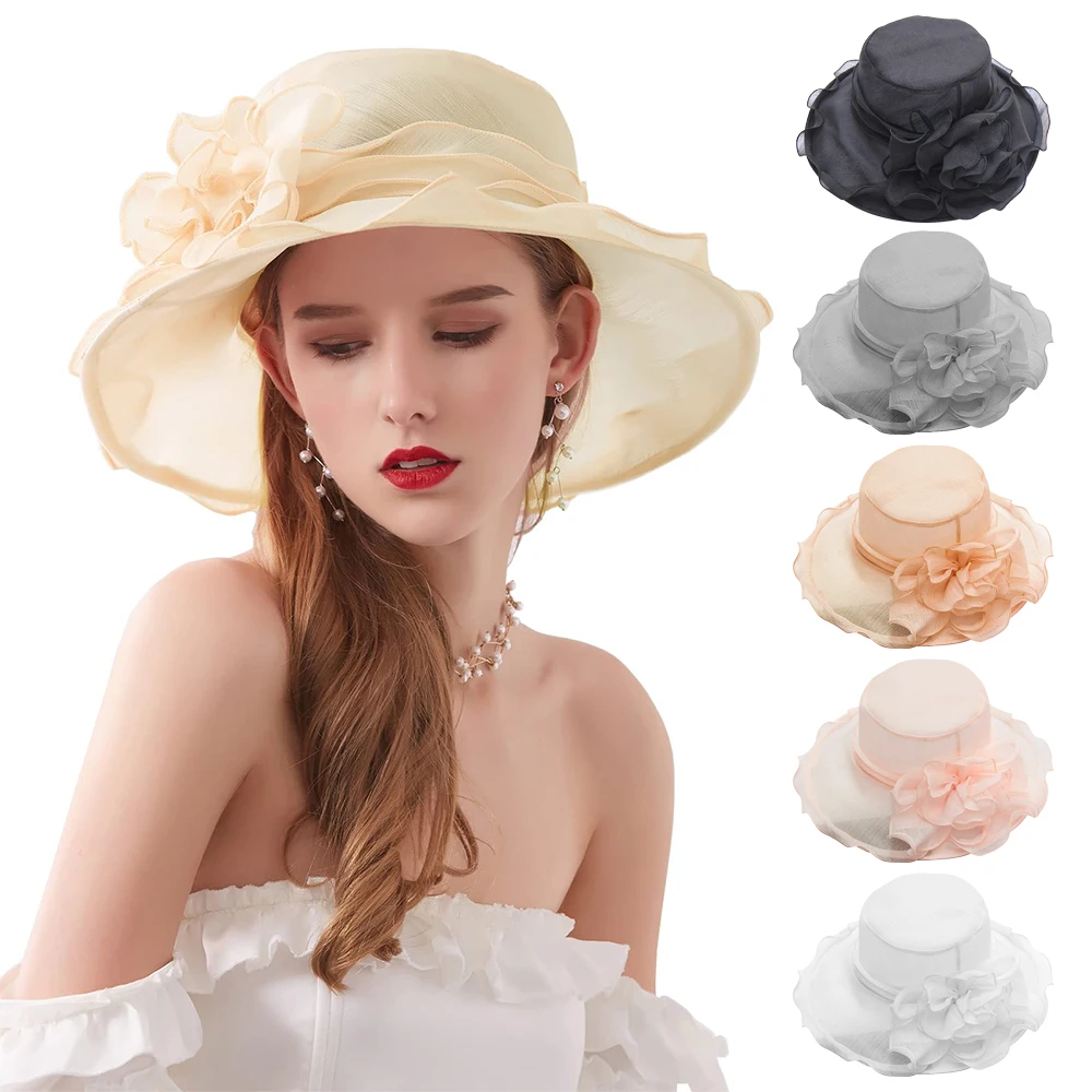 Elegant Church Kentucky-Derby Fascinators Organza Flower Ruffle Detail Mesh Bucket Hat Foldable UV Protection Sun Hat Womens