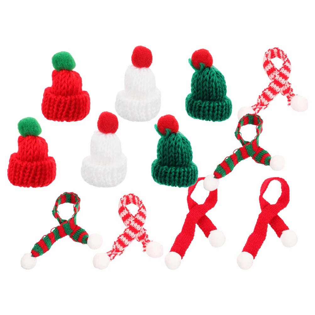 

12 Pcs Christmas Hat and Scarf Set Knitted Elf Towel Props Yarn Craft Mini Hats Pants Christams Tree