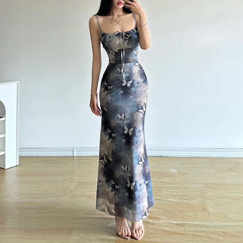 Fashion Butterfly Print Dress Summer Women Preppy Style Sexy Low Chest Sleeveless Strap Dresses Clubwear Elegant Lady Maxi Dress