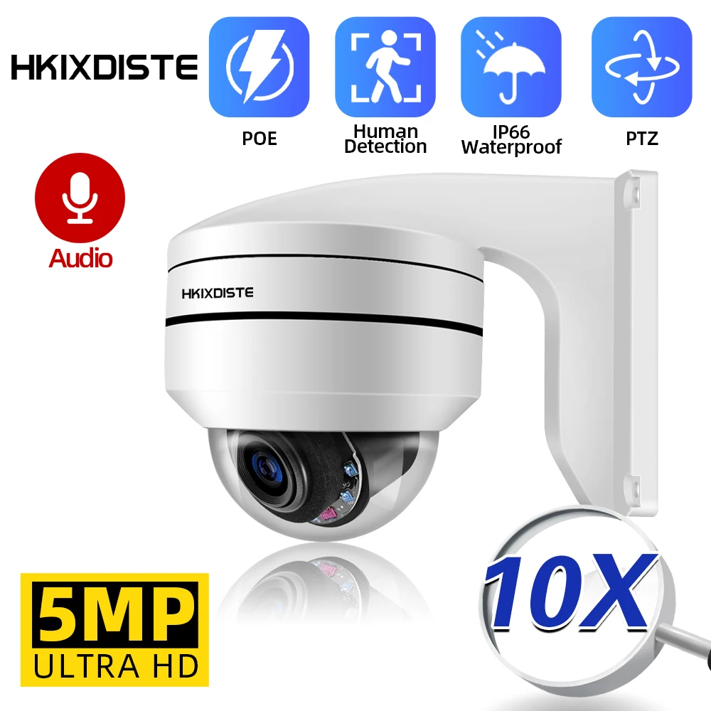 

5MP Outdoor IP66 PTZ Dome IP Camera POE 5MP 10X Optical Zoom Motion Detection Night Vision IR 80m Audio CCTV Security Camera P2P