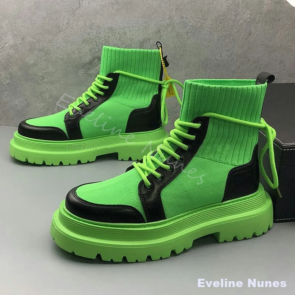 Fluorescent Green Knit Sock Ankle Boots Men Patchwork Leather Lace Up Chunky Platform Boots Unisex Hip Hop Punk Street Boots