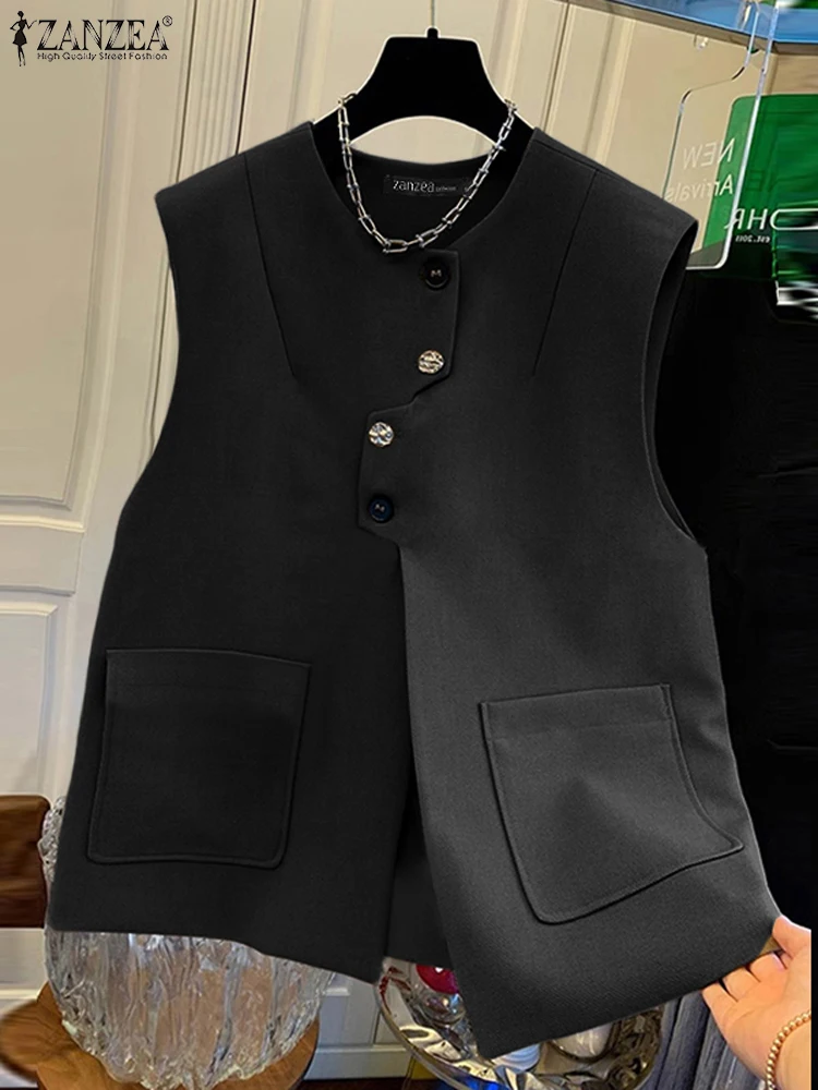 ZANZEA Causal Sleeve Coats Women Solid Color Round Neck Vests Button Commuting Loose Pocket Jackets Elegant Office Waistcoat