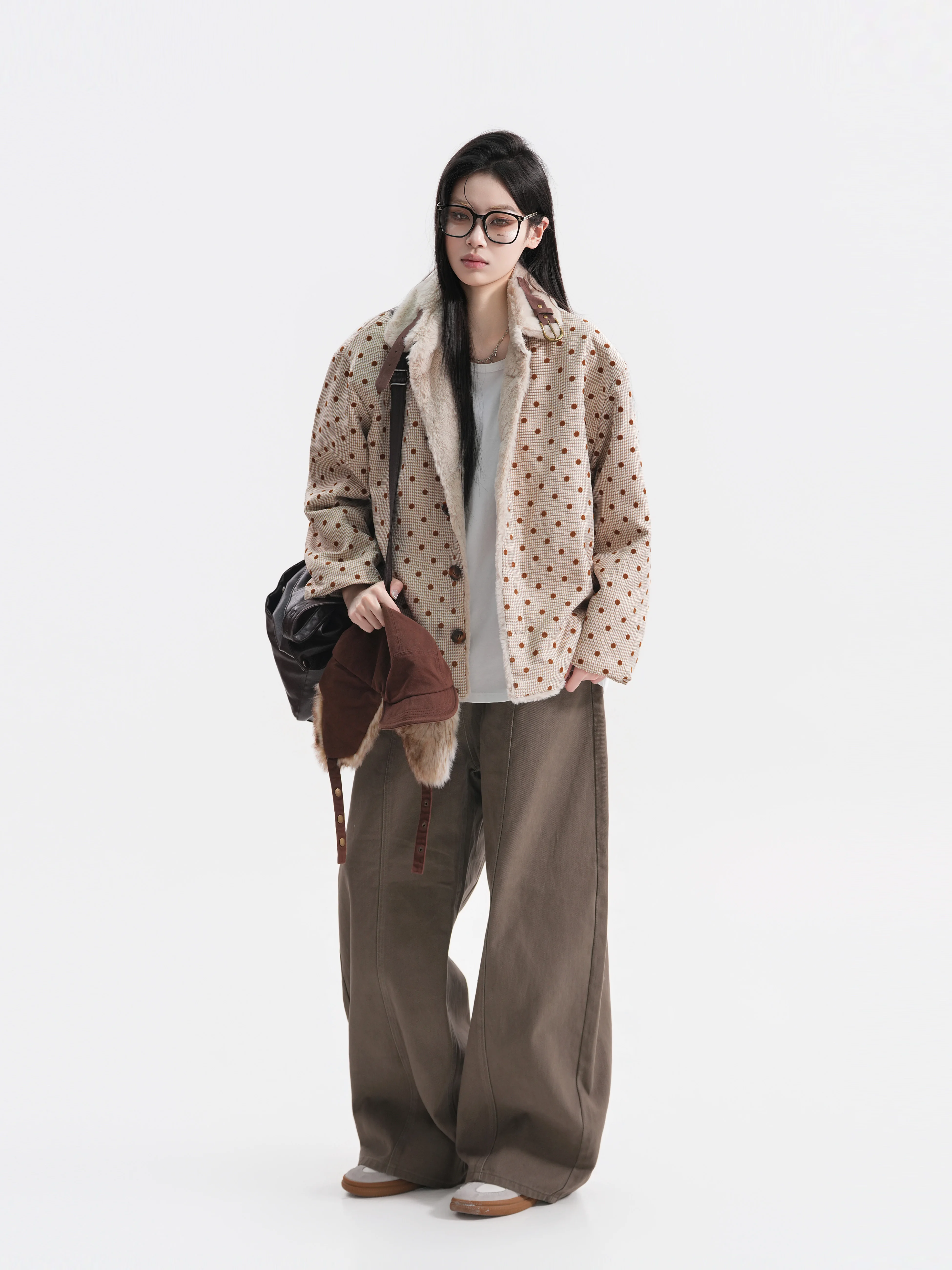 Double-Sided Wear Polka Dot Suede Cotton Jacket Women's Winter Vintage Loose Stand Collar Cotton Coat Warm Casual Style