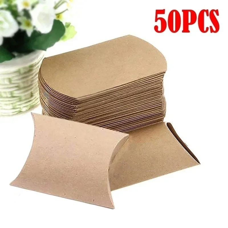 50pcs Kraft Paper Pillow Boxes Wedding Party Favor Candy Box Holiday Birthday Supplies Packaging Mystery Box Paper Bag