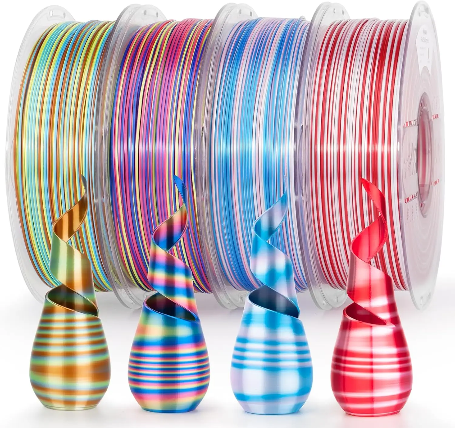 Silk Multicolor Rainbow PLA 3D Printer Filament Bundle, 1.75mm Fast Color Change, 4 Spools x 1kg, for FDM Printers