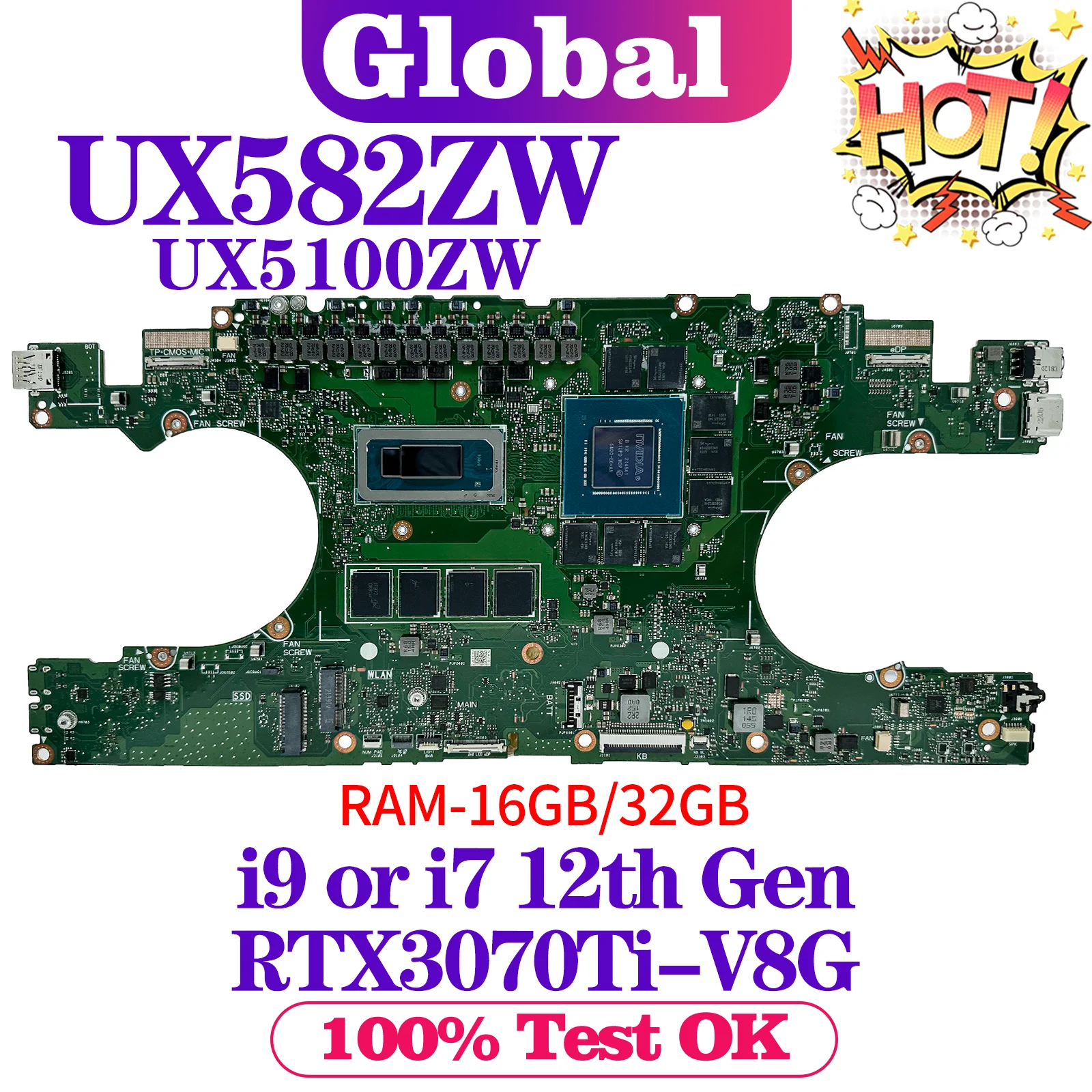 

KEFU UX582ZM Материнская плата ASUS UX582ZW UX5100ZW UX5100ZM UX582Z UX5100Z материнская плата для ноутбука i7 i9 12-го поколения RAM-16GB/32 ГБ