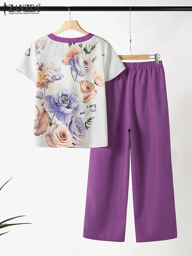 ZANZEA-Conjunto casual de calças largas para mulheres, calça monocromática, top floral, roupas de treino, bloco de cores, feriado, 2 peças, verão