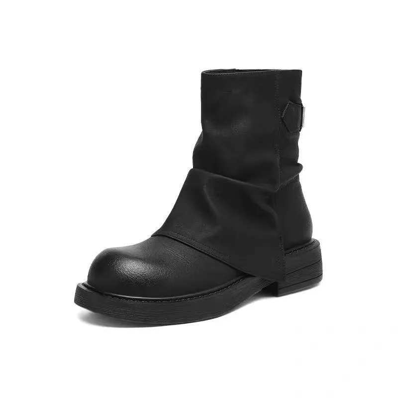 Damen Stiefeletten Flach Weiches Leder Runde Spitze Retro Schnalle Kurze Stiefel Bequeme Freizeitschuhe Modische Winterschuhe Schlupfstiefel Herbst Winter Laufschuhe Warme Halbstiefel Trend – Detail 8