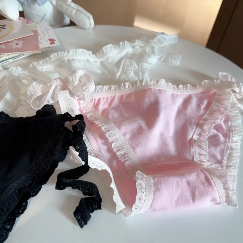 Simple Lace Up Ruffle Cute Panties Women's Breathable Soft Cotton Lolita Underpants Sweet Girl Solid Seamless Briefs Lingerie