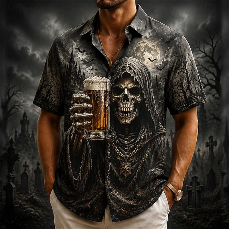 Men's Halloween Casual Round-Neck Collared Short-Sleeve Shirt 3D Skull and Beer Print T-Shirt Fashionable Hip-Hop Trend Shirt