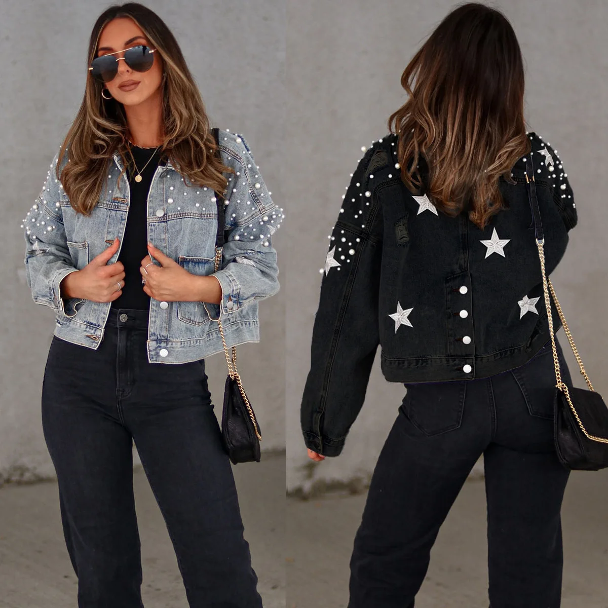

Fashionable European American Women's New Style Heavy-Duty Beaded Loose Denim Jacket