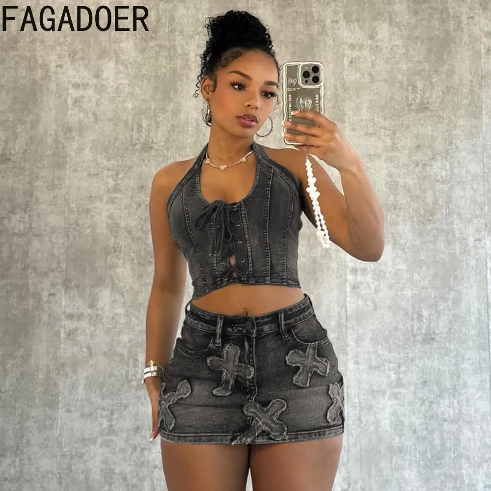 FAGADOER Fashion Embroidery Hollow Lace Up Denim Two Piece Sets Women Halter Sleeveless Backless Top+Mini Skirts Cowboy Outfits