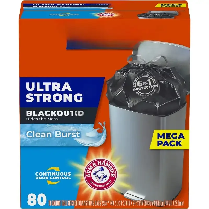 Ultra Strong Tall Kitchen Trash Bags, Blackout, Clean Burst, 13 Gallon, 80 Count