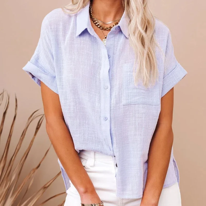 스타일리시한 단색 포켓 라펠 여성 반팔 셔츠 우아한 루즈핏 레이스업 가디건 싱글 브레스티드 캐주얼 블라우스