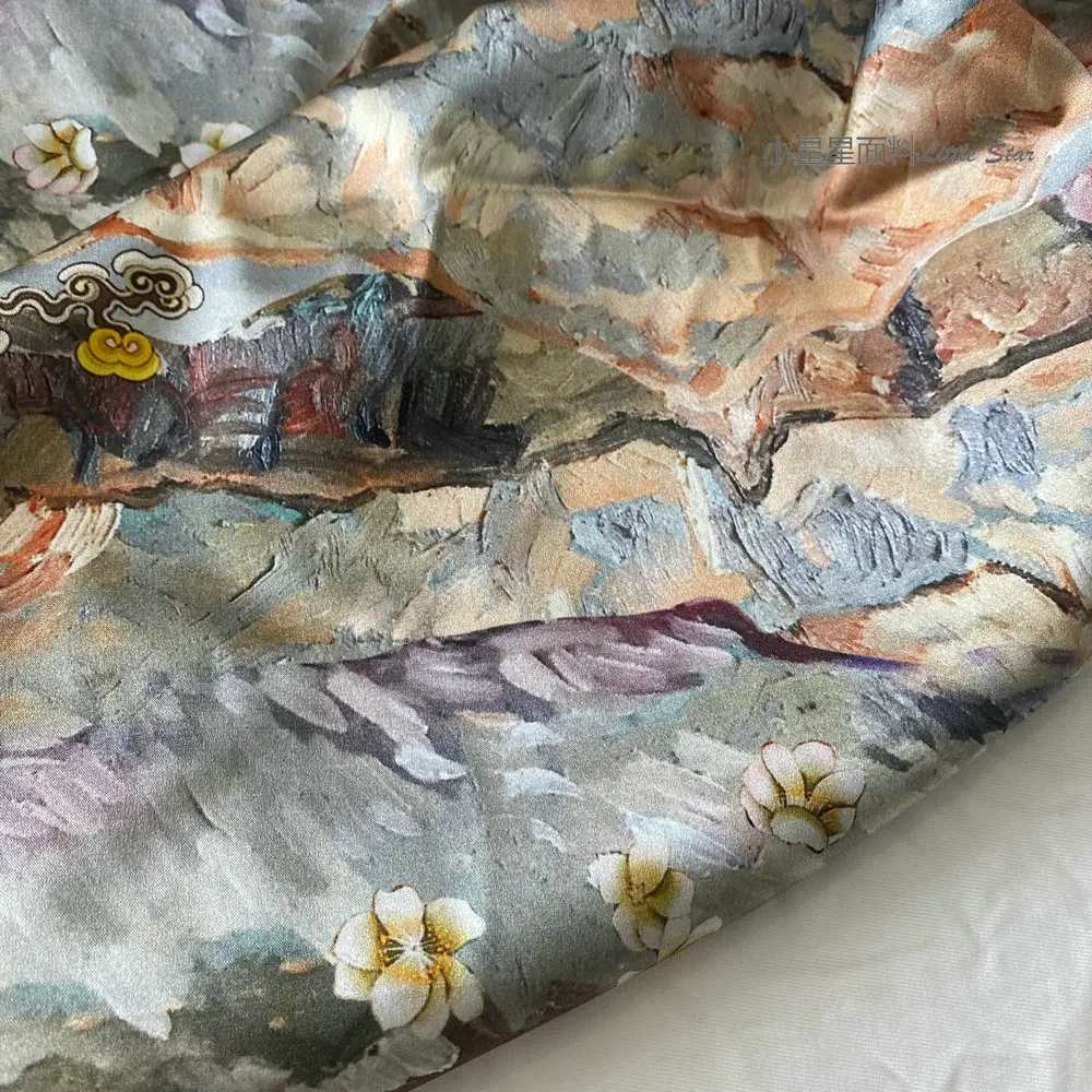 Oil Painting Vintage Silk Fabric Fabric Luxury GA Silk Crepe Satin Fabric Silkworm Silk Satin Cheongsam Blue