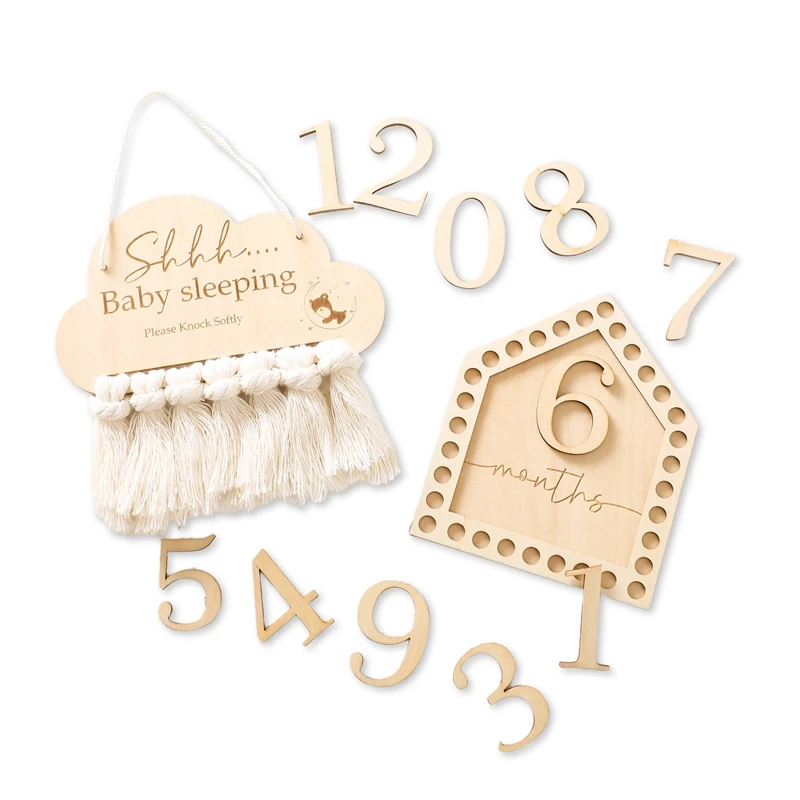 Wooden Baby Milestone Card Newborn Monthly Growth Tassel Cards Baby Birth Commemorative Cards Photography Props Accessories Gift