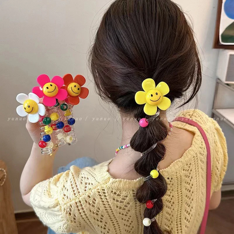 1PC Sweet Sunflower Head Rope Beaded Phone Cord Hair Ties Lovely Elastic Spiral Hair Rope Ponytail Hair Ring Headdress For Kids