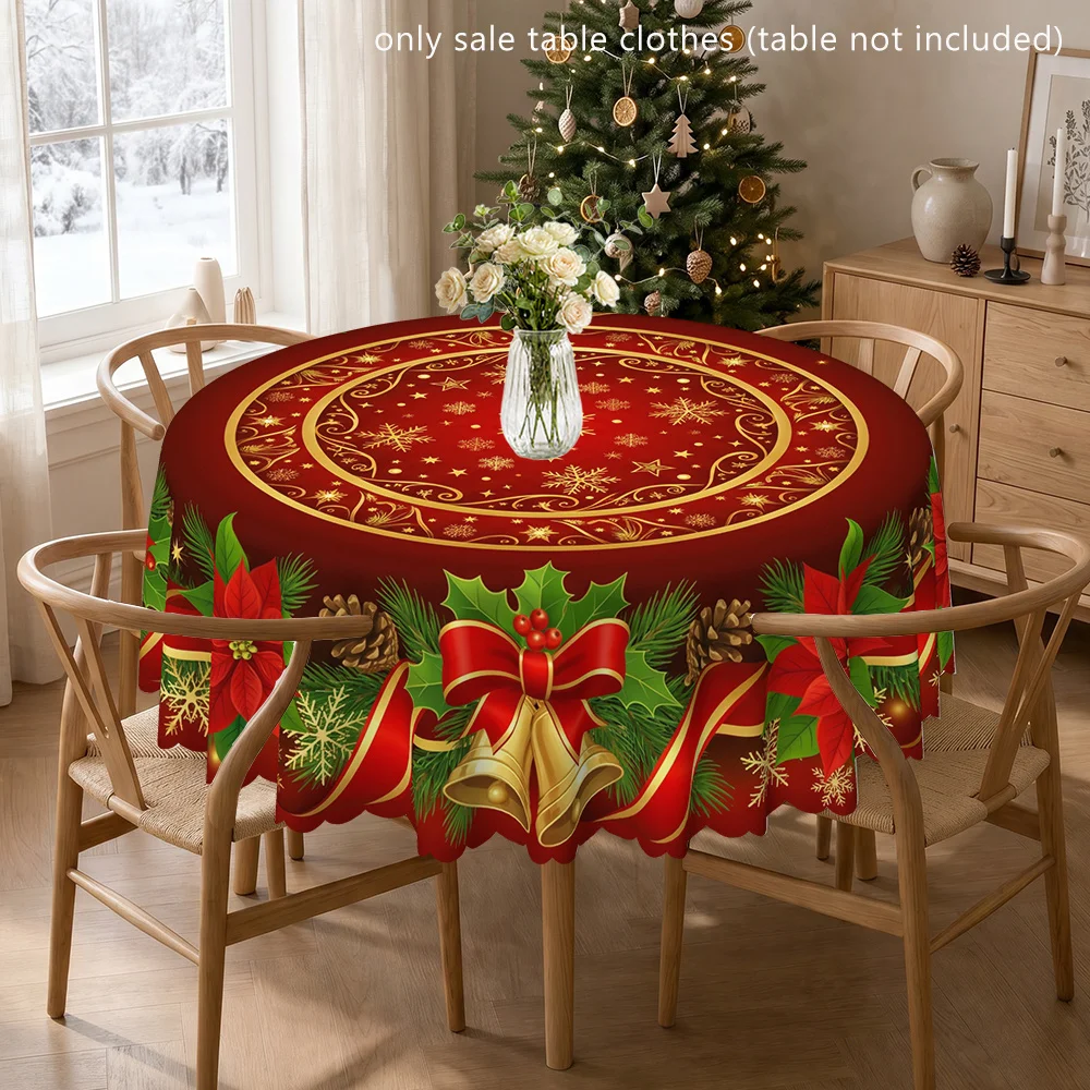 Christmas poinsettia bells and pinecones tablecloth, round table cover