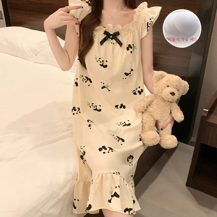 

Pure Cotton Pajamas with Chest Pad for Women Sling Nightdress Vest Princess Sle, Sweet Summer Home Wea Net Red