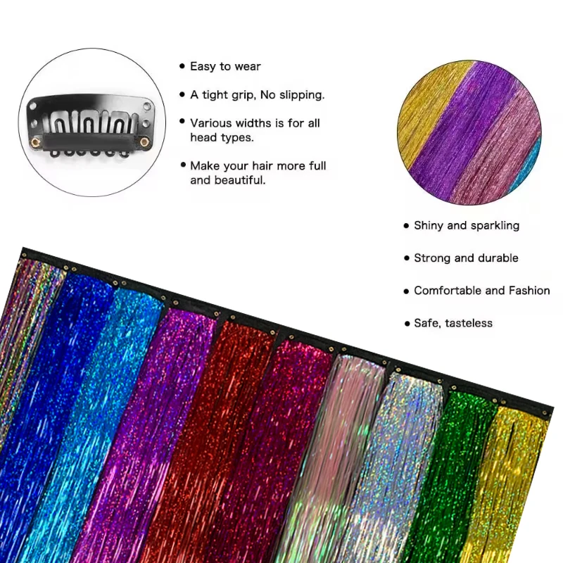 Extensión de cabello sintética con brillantina de 24 pulgadas, con clips BB, resistente al calor, hebras brillantes, para fiestas y cosplay 3