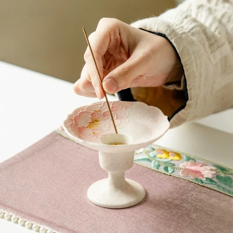 Light Pink Spring‑note Peony Tall Foot Incense Holder New Chinese Ceramic Stick Incense Burner Home Tea Room Decor