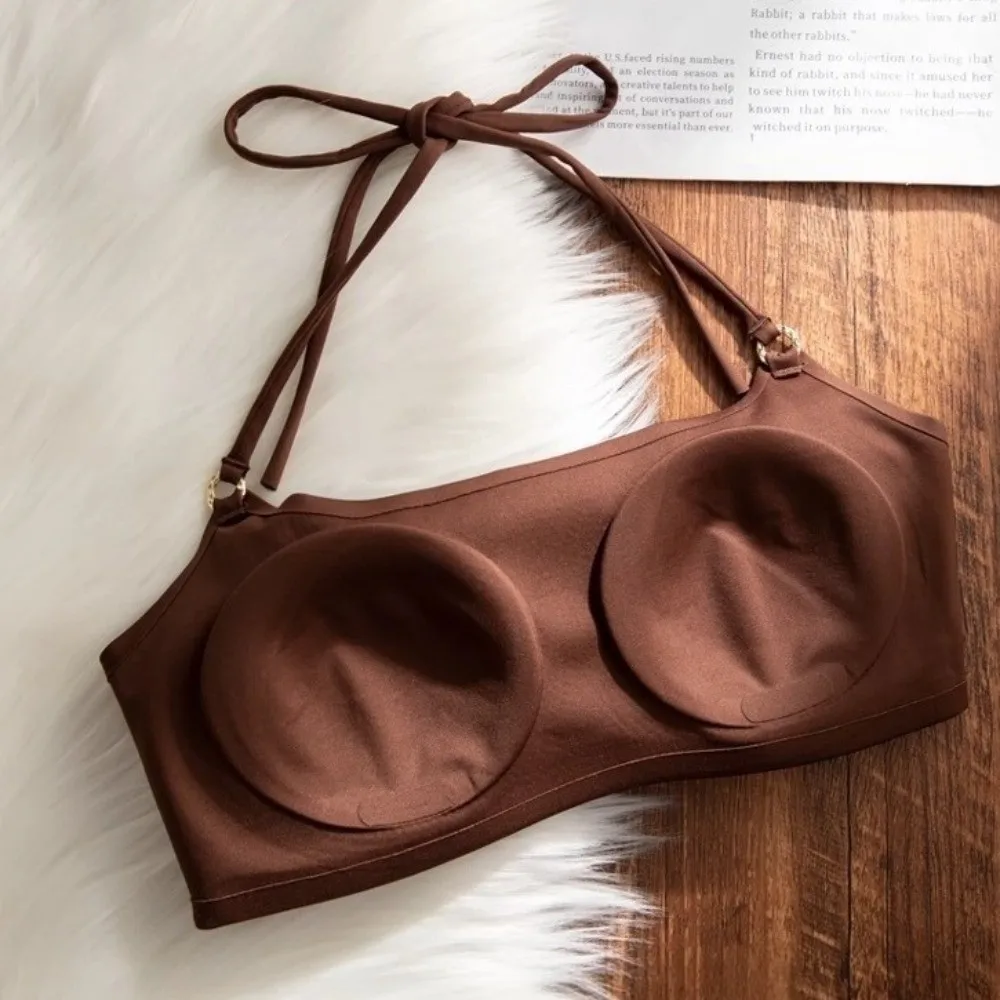 Dünner Schulterriemen, Neckholder-BH ohne Bügel, stoßfester BH für Damen, nahtloser Push-Up-BH mit Bruststraffung. – Detail 3