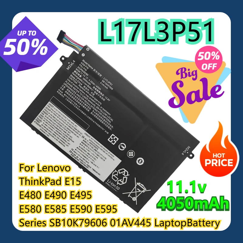 

L17L3P51 4050 мАч 11,1 В для Lenovo ThinkPad E15 E480 E490 E495 E580 E585 E590 E595 Series SB10K79606 01AV445 Аккумулятор для ноутбука
