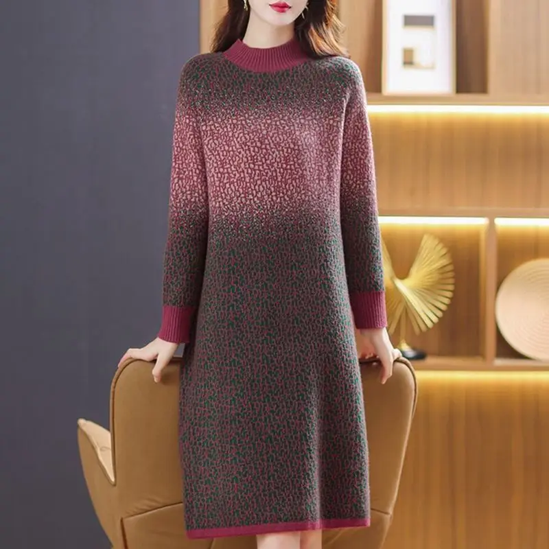 Elegant Stand Collar All-match Gradient Knitted Dress Women\'s Clothing 2024 Autumn Winter New Loose Office Lady Midi Dress