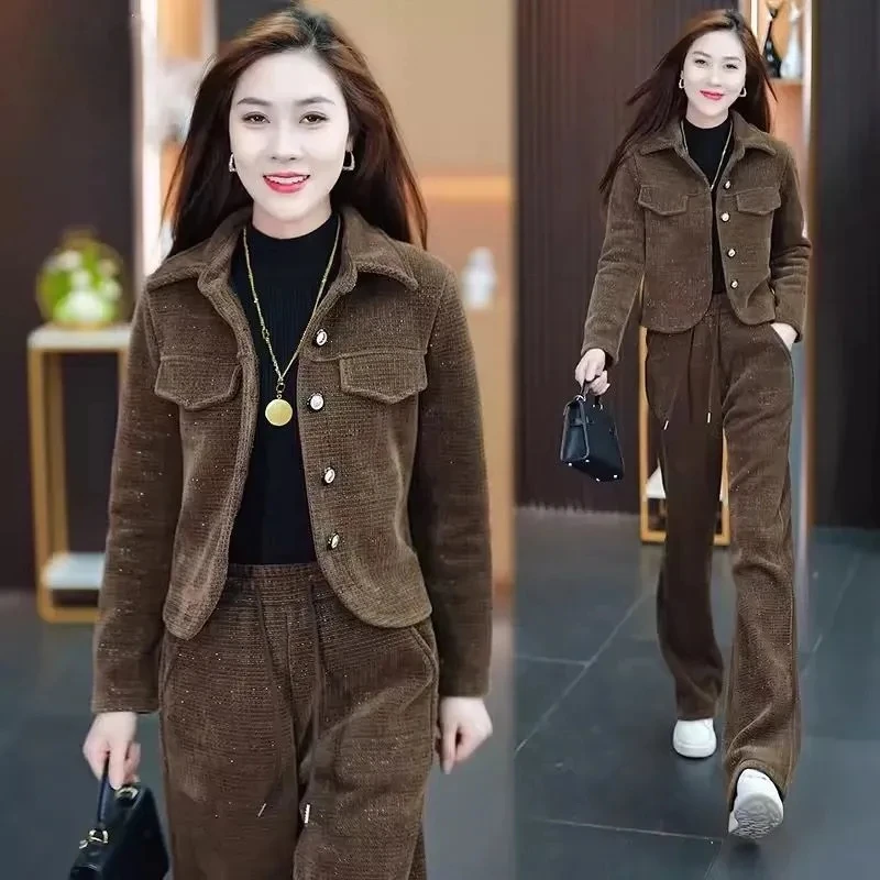 Leisure Fashion Sports Set For Women Spring Autumn Short Jacket Coat + High Waist Wide Leg Pants Two Piece Suit Female Outfits